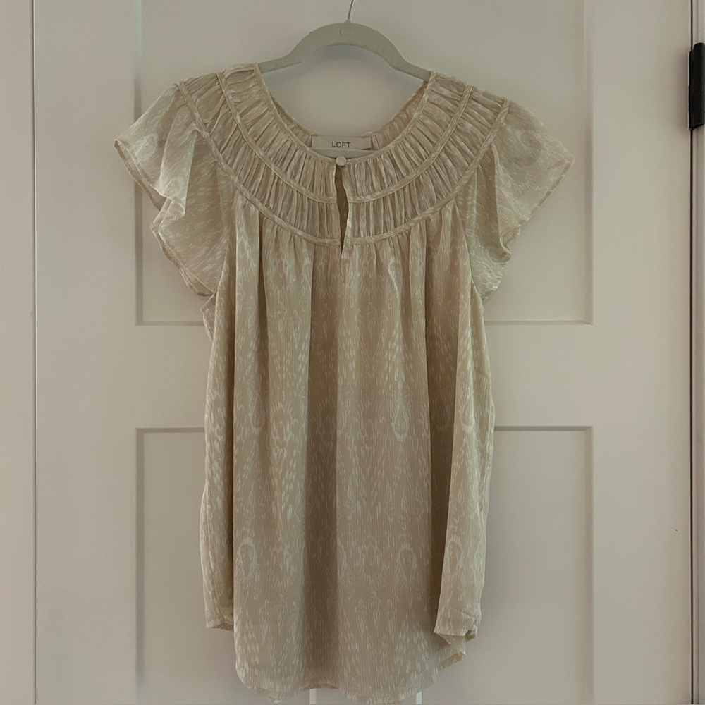 LOFT Ruffle Sleeve Smocked Top, Ivory,‎ Size Small